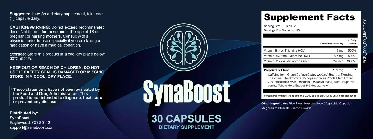 SynaBoost Supplement Facts label and directions